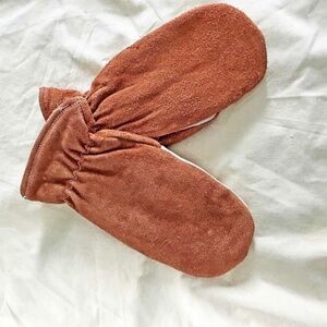 LEATHER AND SUEDE MITTS, CASUAL, SIZE M, BROWN AND CREAM COLOUR, 25% WOOL, NEW